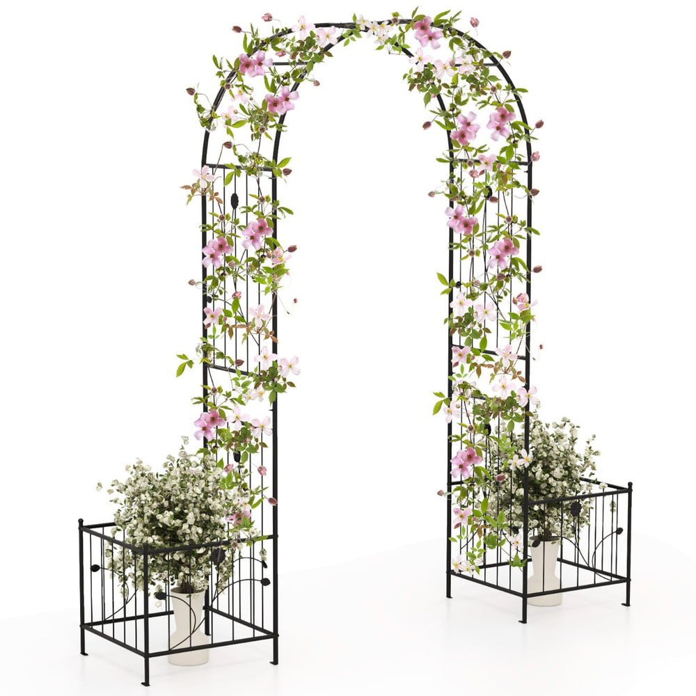 217 cm Arch Trellis Metal Garden Arbor with Planter Boxes-Black