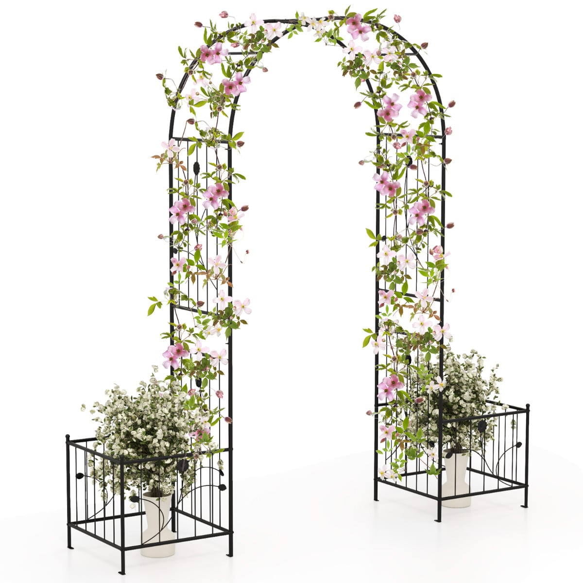 217 cm Arch Trellis Metal Garden Arbor with Planter Boxes-Black