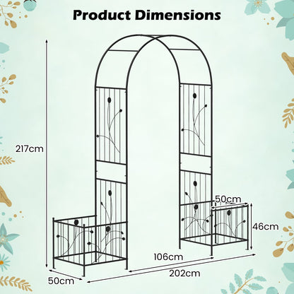 217 cm Arch Trellis Metal Garden Arbor with Planter Boxes-Black