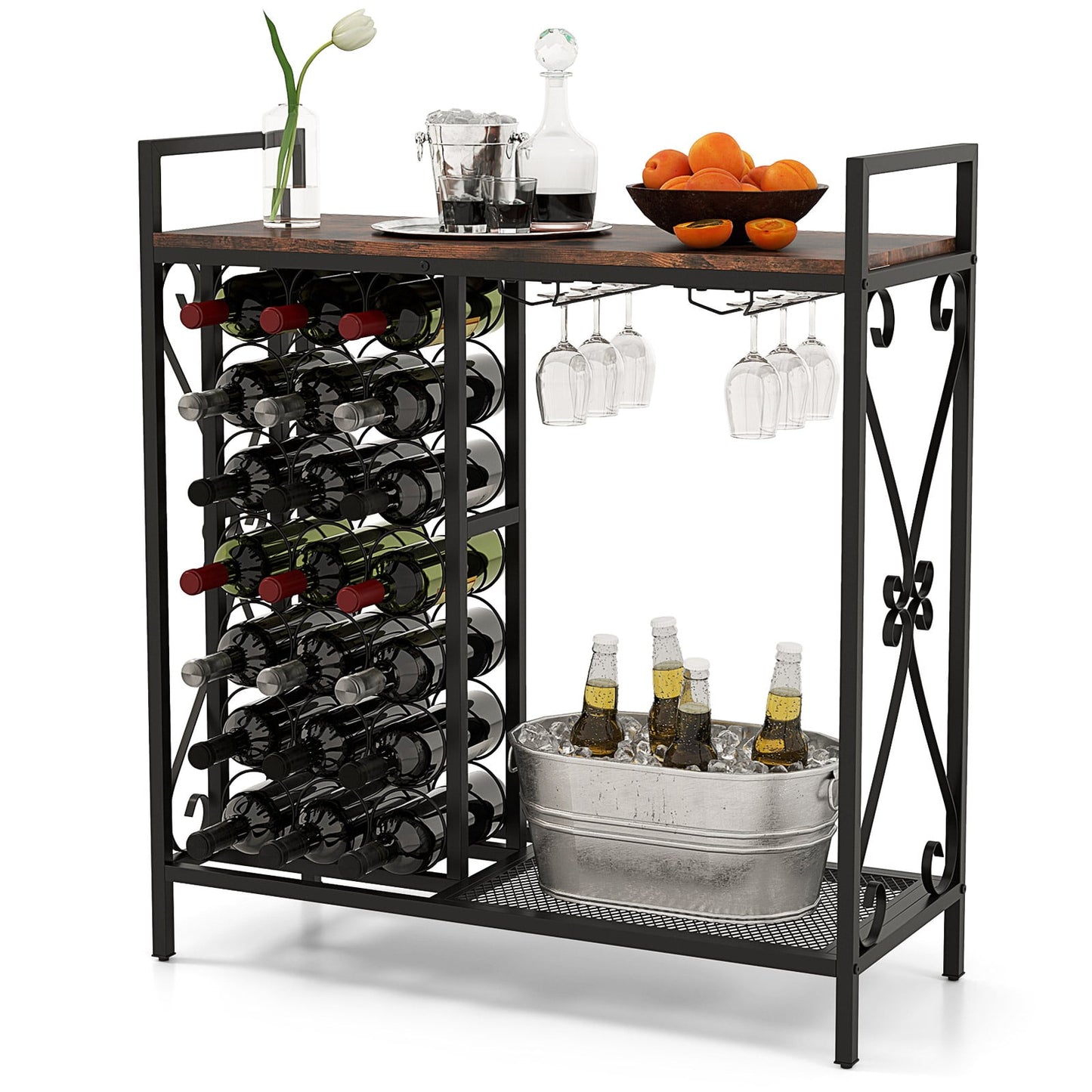 21 Bottle Wine Rack Freestanding with Glass Holder and Wooden Countertop-Rustic Brown