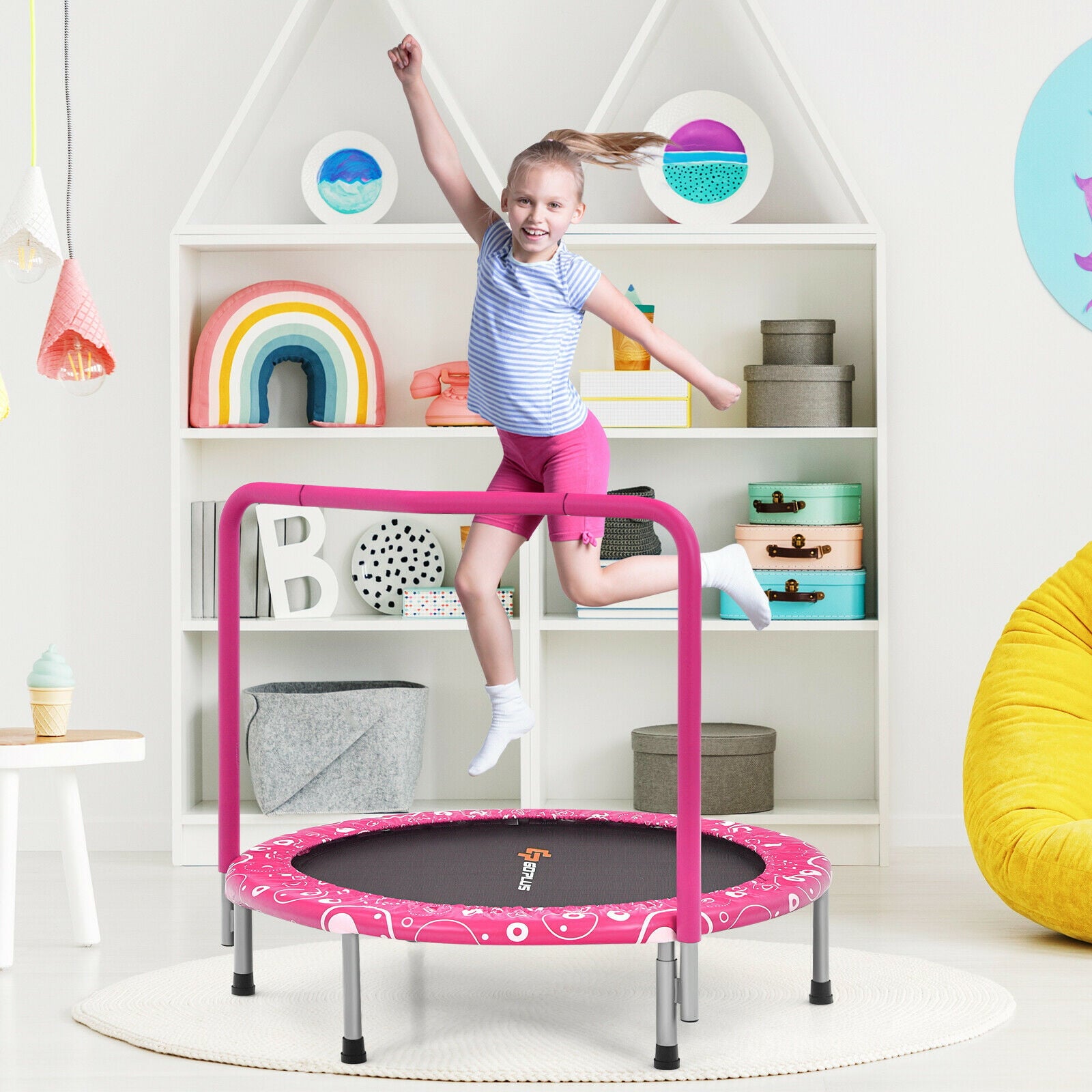 Child's Folding Trampoline with Padded Edge Cover and Full Covered Handle-Pink
