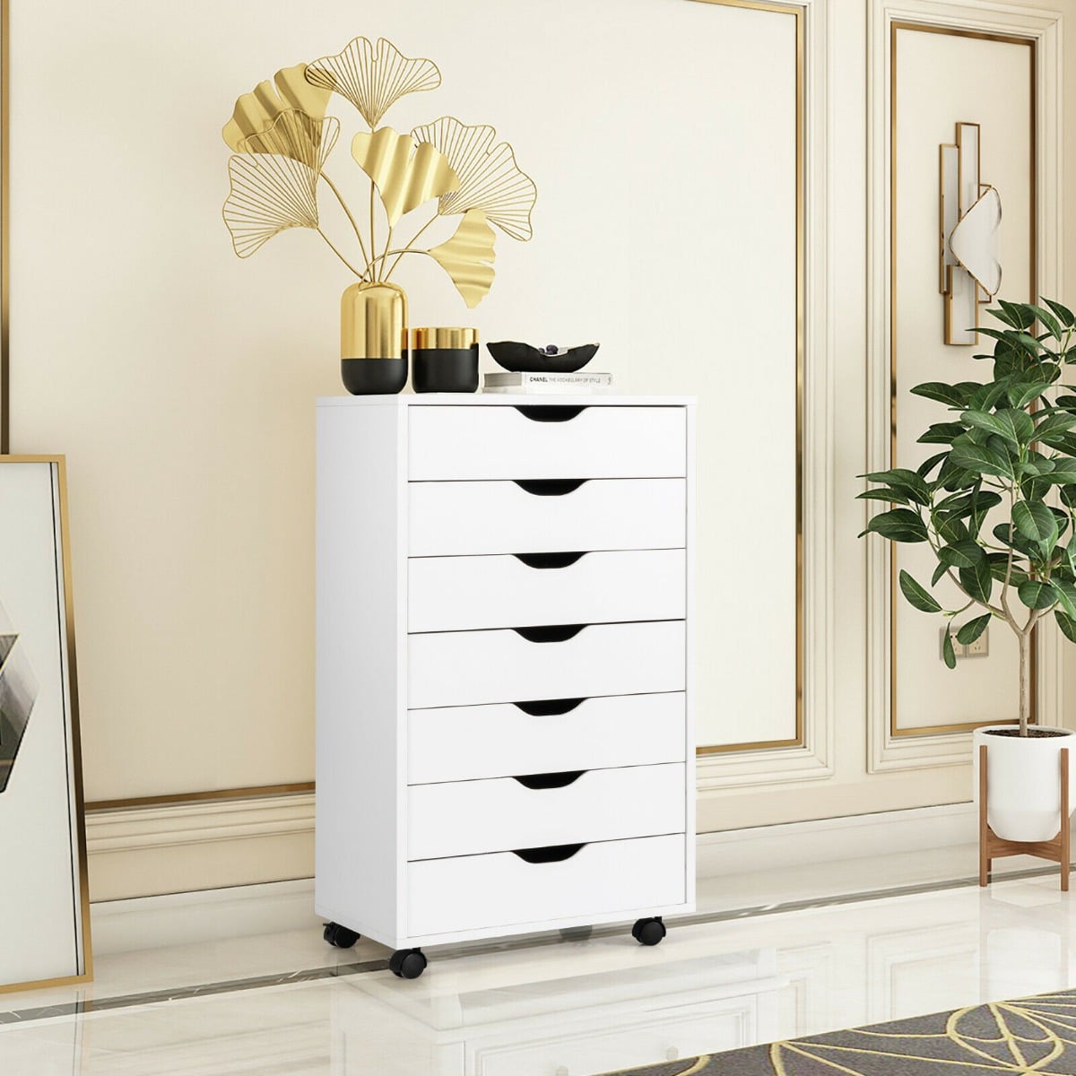 Mobile File Cabinet with 7 Drawer and wheels-White