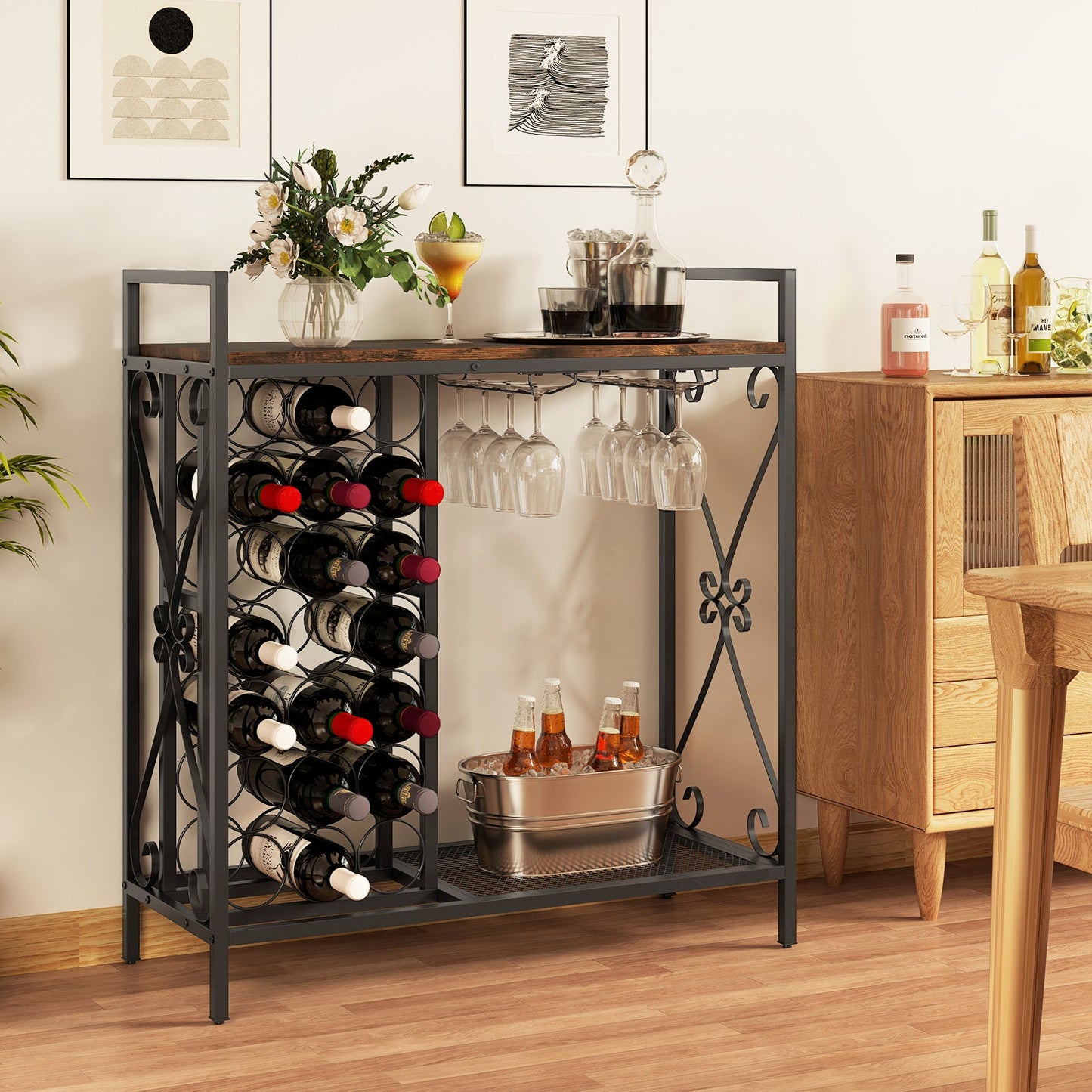 21 Bottle Wine Rack Freestanding Floor Wine Bottle Organizer with Glass Holder-Rustic Brown