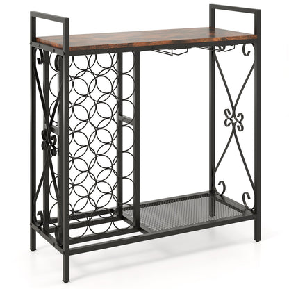 21 Bottle Wine Rack Freestanding Floor Wine Bottle Organizer with Glass Holder-Rustic Brown