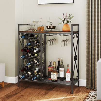 21 Bottle Wine Rack Freestanding Floor Wine Bottle Organizer with Glass Holder-Rustic Brown