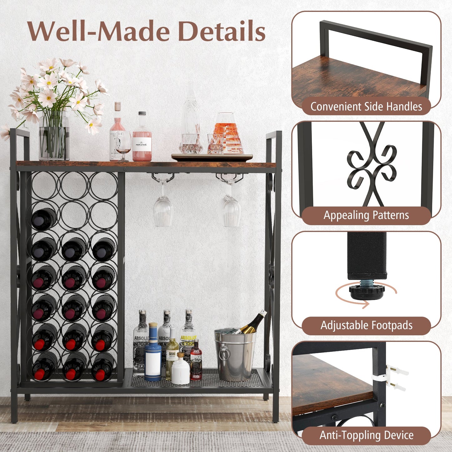 21 Bottle Wine Rack Freestanding Floor Wine Bottle Organizer with Glass Holder-Rustic Brown