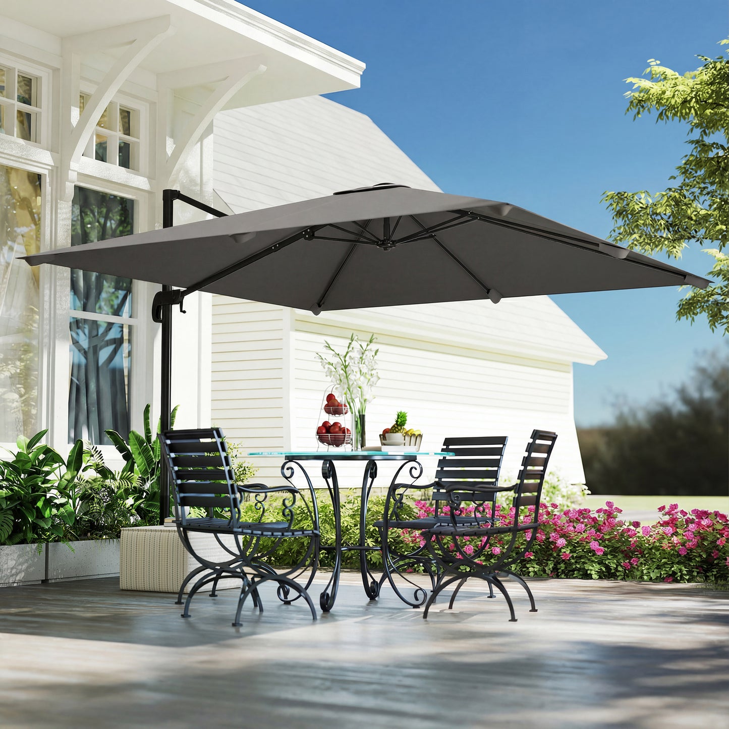 Outsunny 3 x 3 m Cantilever Parasol, Square Patio Umbrella with Crank Handle, Cross Base, Tilt, 360° Rotation, Dark Grey