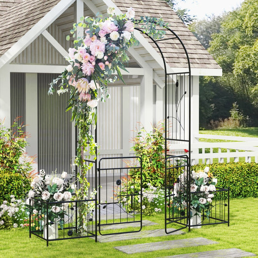 220cm Garden Arbor Metal Arch Trellis Lockable Gate with Side Planters-Black