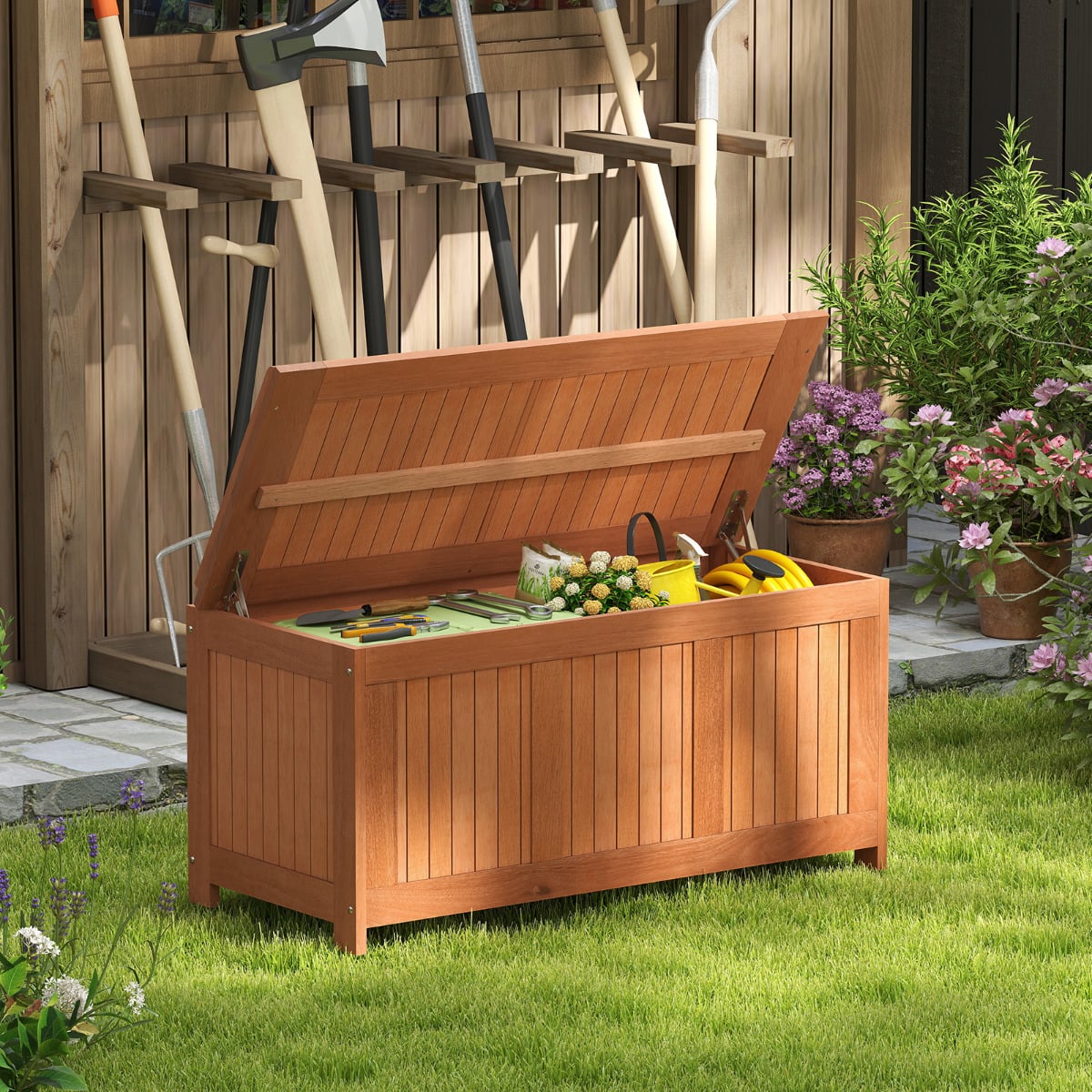 220L Wood Deck Box 3-in-1 Patio Storage Bench Stool with Flip Top for Cushions