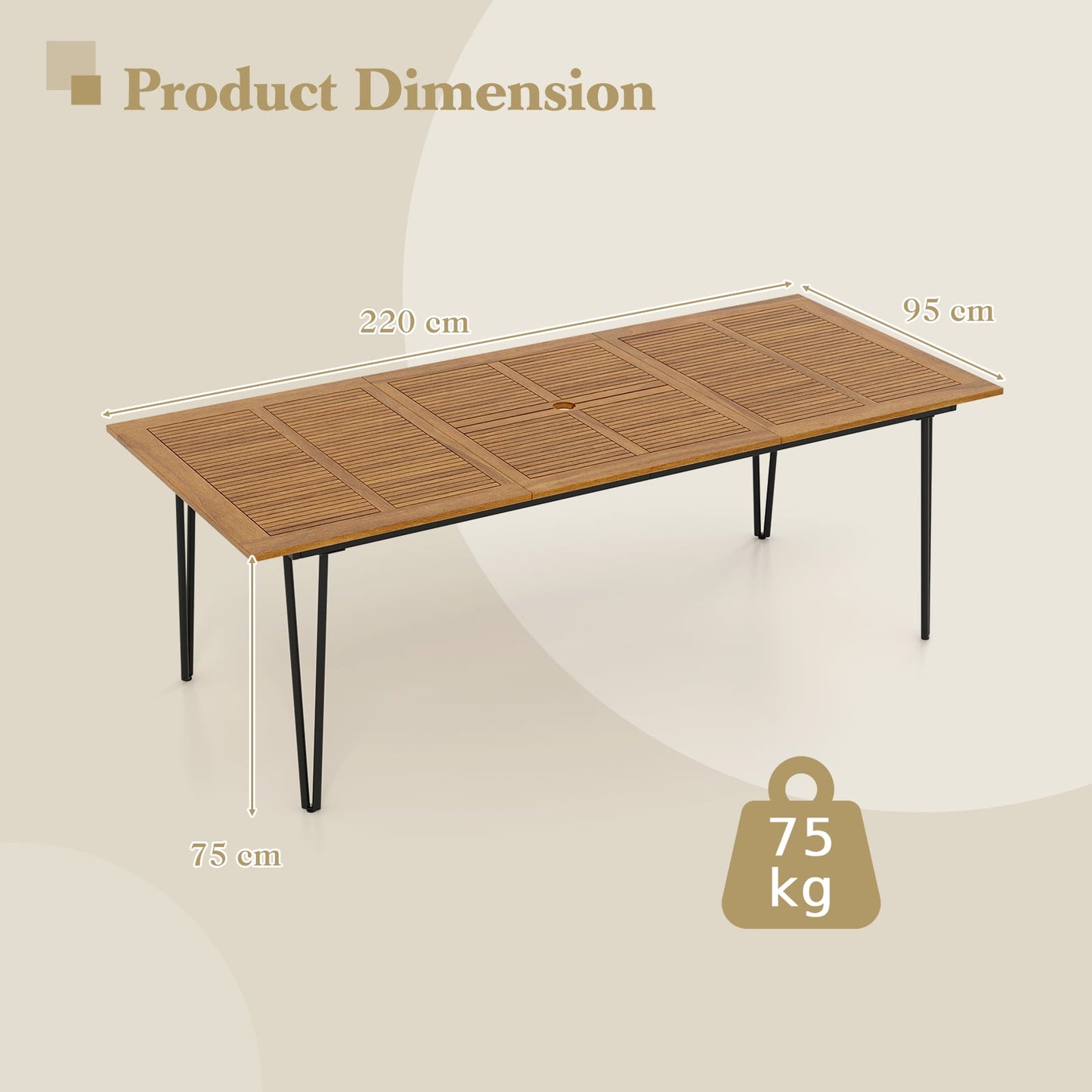 220 x 95cm Patio Dining Table Acacia Wood Tabletop with Umbrella Hole