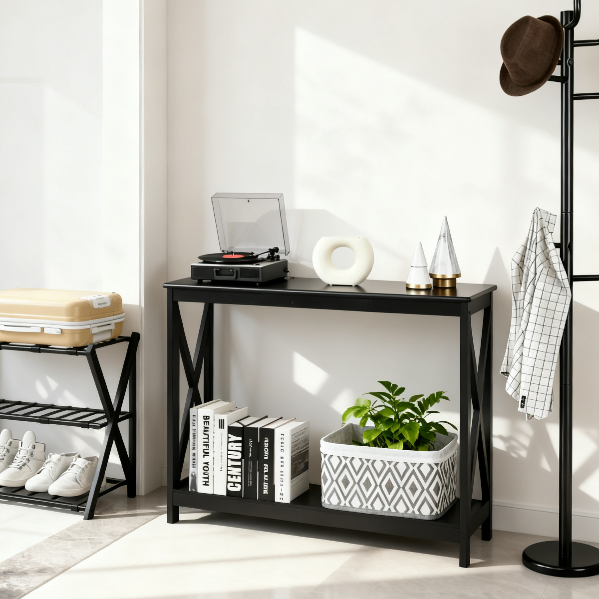 Entryway Set with Console Table Folding Suitcase Stand and Modern Coat Stand Hanger