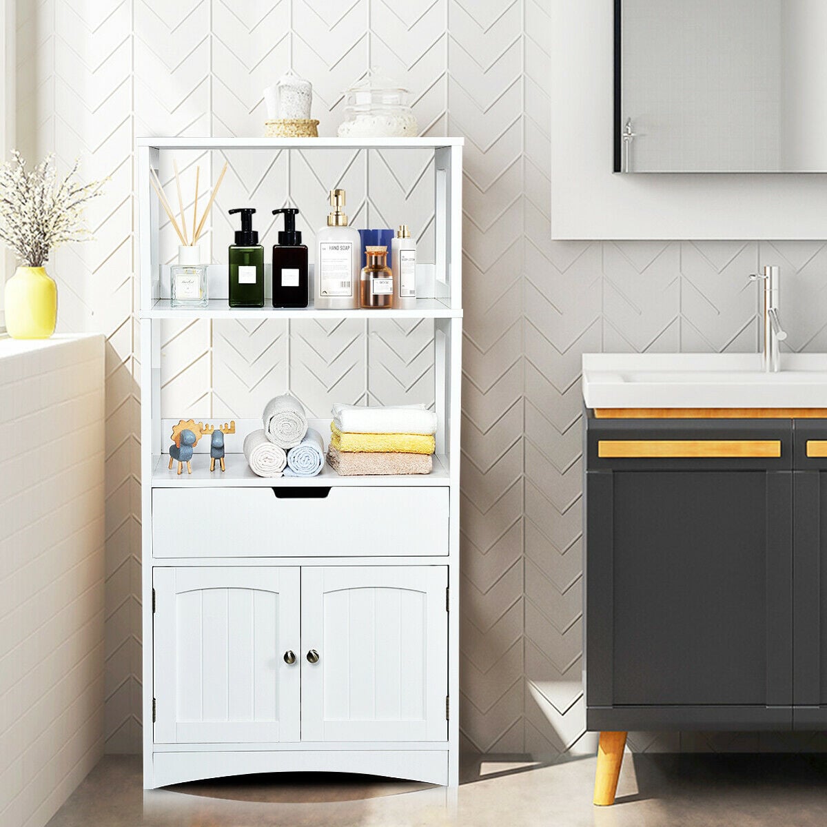 Freestanding Wooden Storage Cabinet with Open Shelves-White