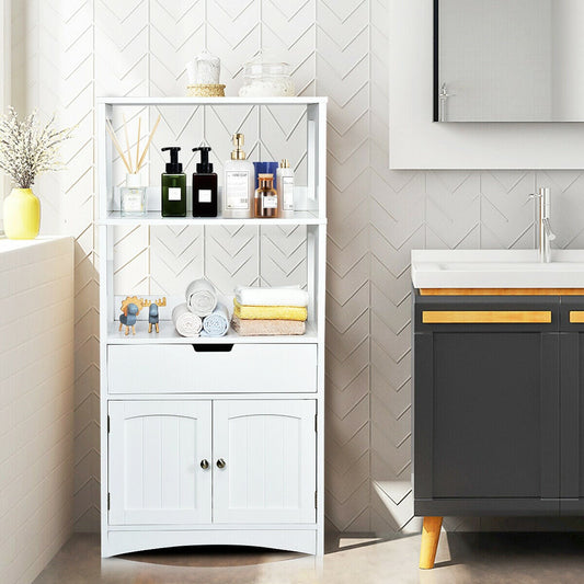 Freestanding Wooden Storage Cabinet with Open Shelves-White