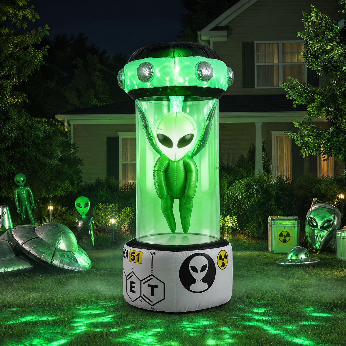 225 CM Halloween Blow Up Alien Outdoor Decorations with Rotating Flashing Green Lights