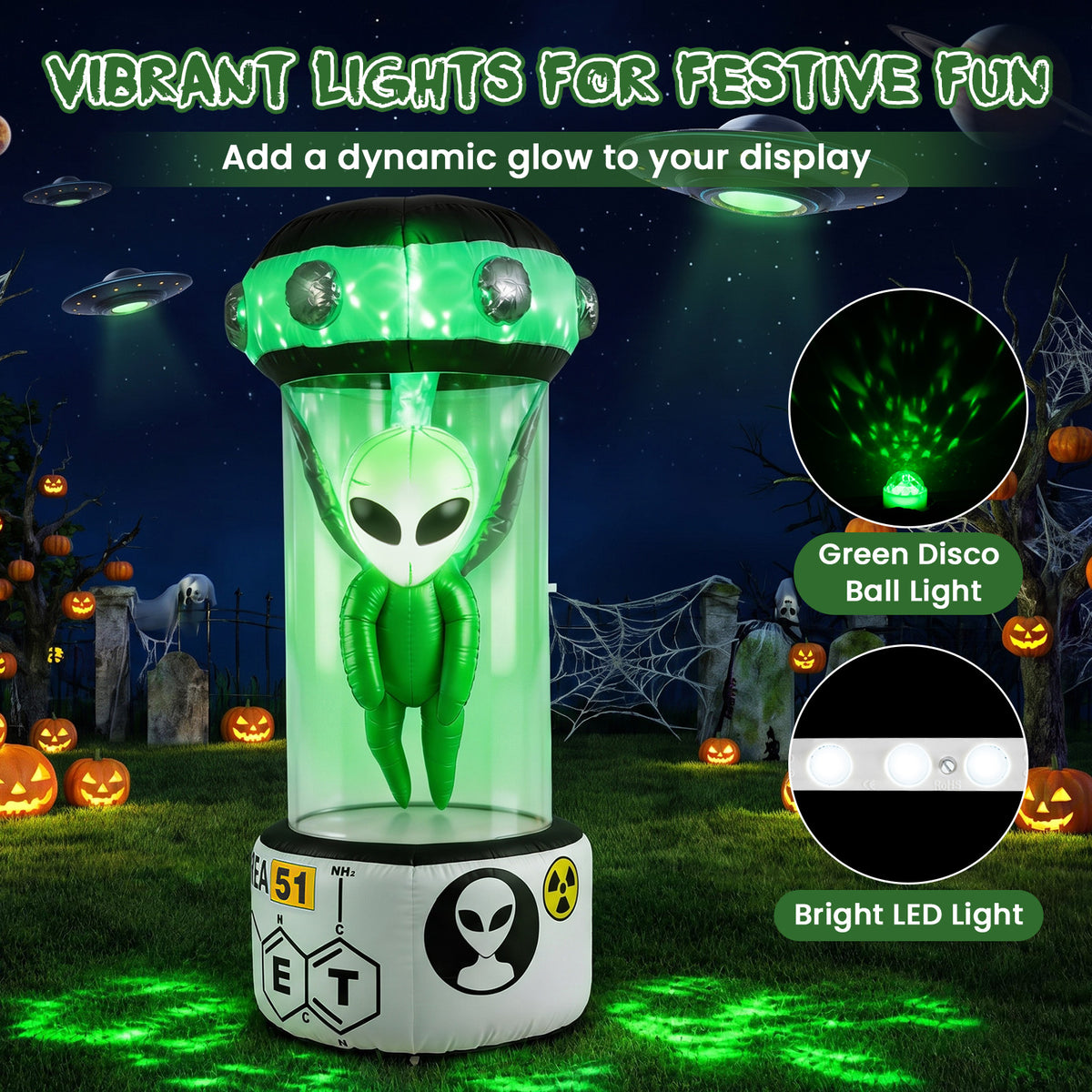 225 CM Halloween Blow Up Alien Outdoor Decorations with Rotating Flashing Green Lights