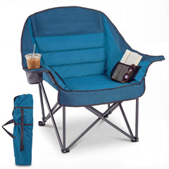 225 KG Heavy-Duty Metal Folding Upholstered Oxford Chair with Side Pockets and Cup Holder-Blue