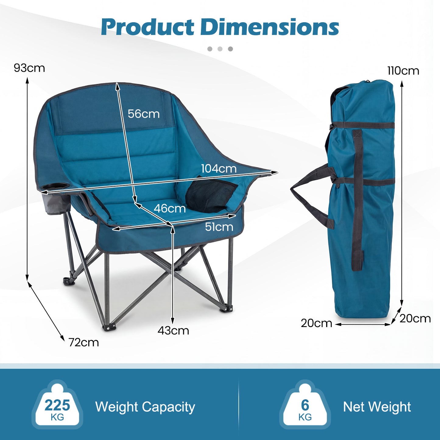 225 KG Heavy-Duty Metal Folding Upholstered Oxford Chair with Side Pockets and Cup Holder-Blue