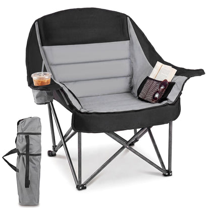 225 KG Heavy-Duty Metal Folding Upholstered Oxford Chair with Side Pockets and Cup Holder-Grey
