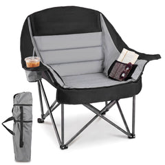 225 KG Heavy-Duty Metal Folding Upholstered Oxford Chair with Side Pockets and Cup Holder-Grey