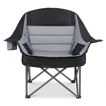 225 KG Heavy-Duty Metal Folding Upholstered Oxford Chair with Side Pockets and Cup Holder-Grey
