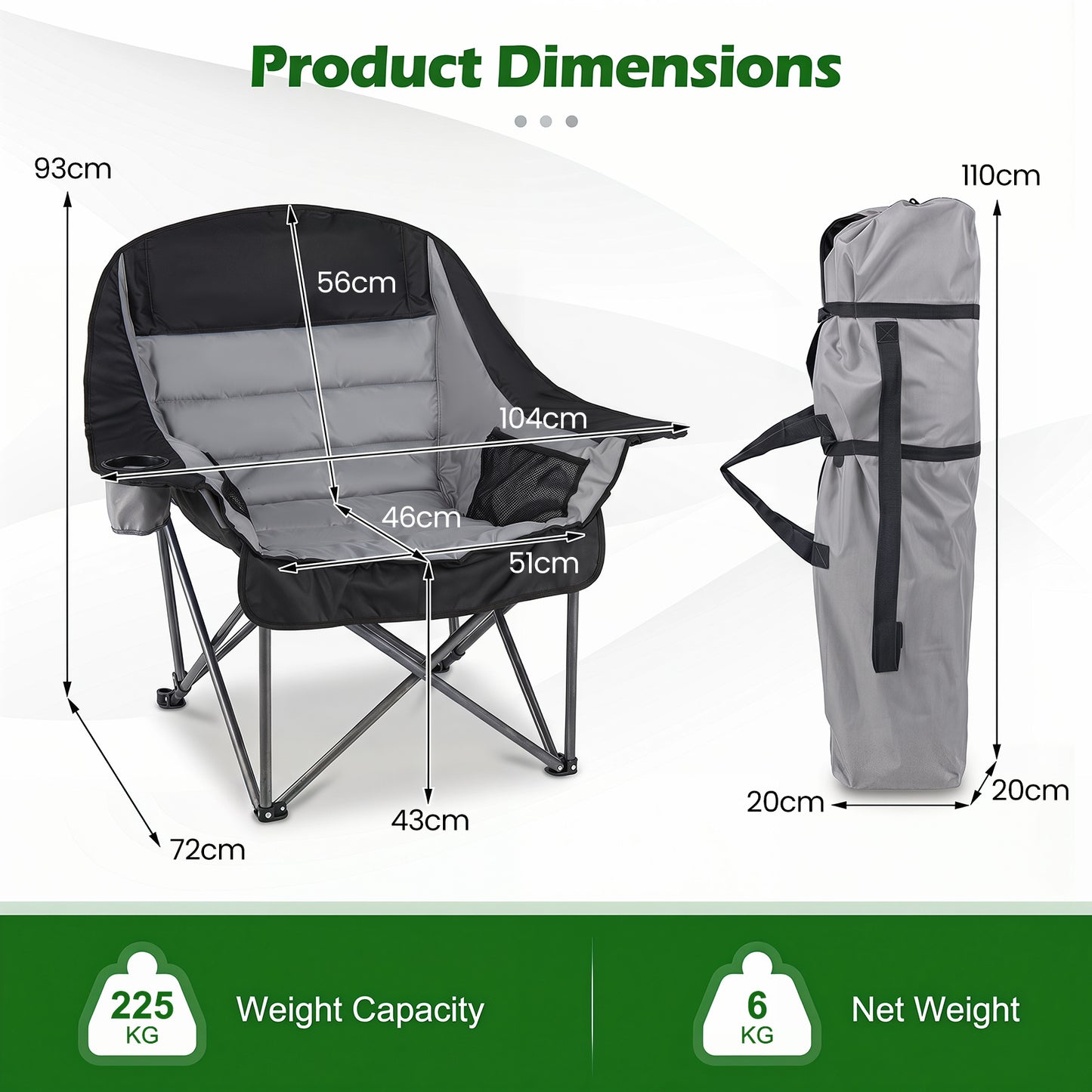 225 KG Heavy-Duty Metal Folding Upholstered Oxford Chair with Side Pockets and Cup Holder-Grey