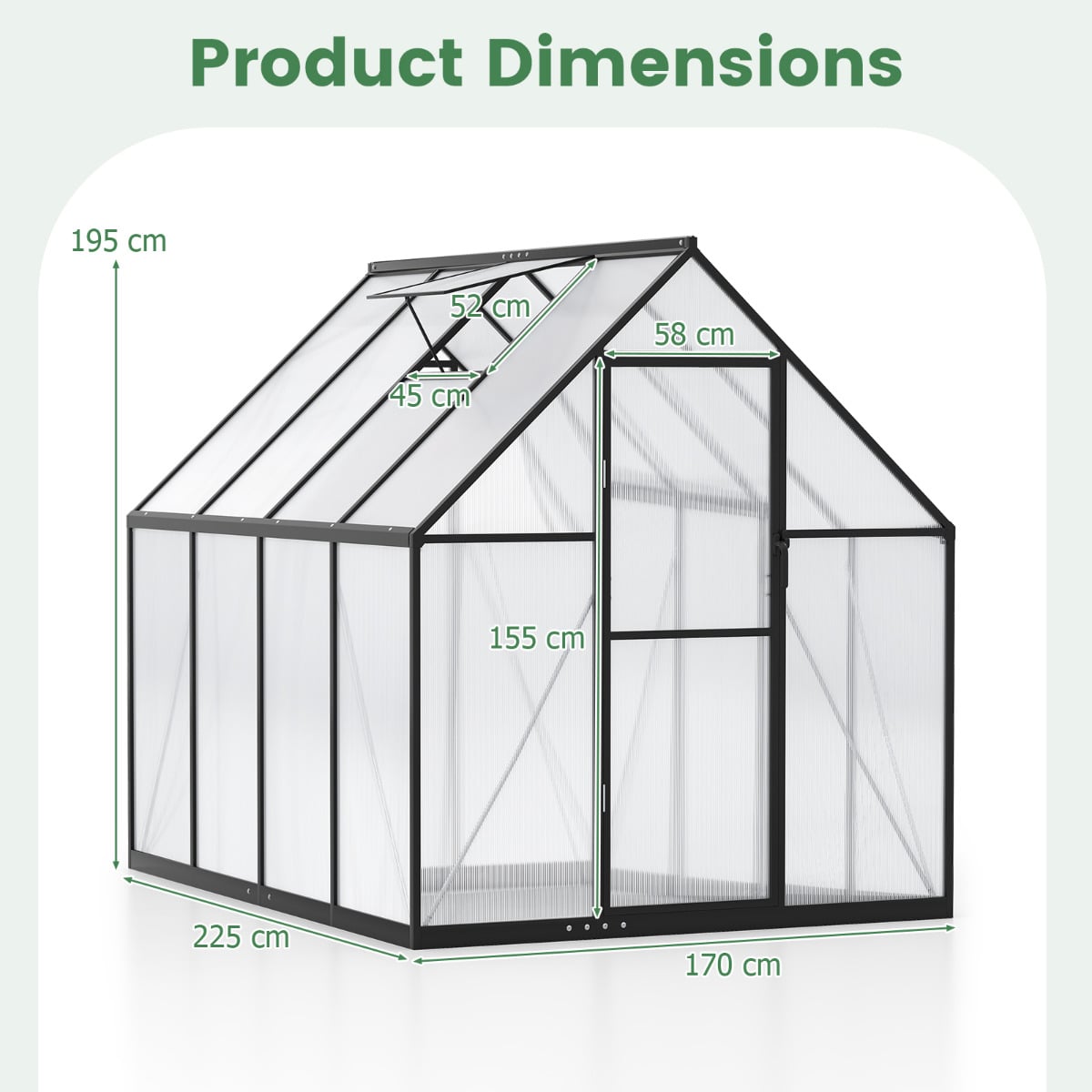 225 x 170CM Large Walk-in Aluminum Greenhouse-Transparent