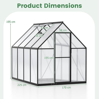 225 x 170CM Large Walk-in Aluminum Greenhouse-Transparent
