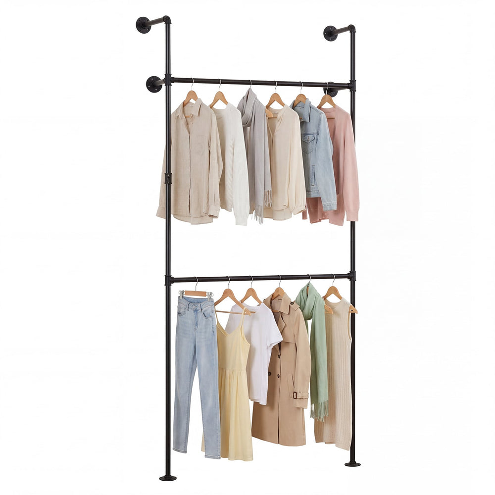 227CM Industrial Pipe Clothing Rack Wall Mounted Heavy-Duty Metal Garment Organizer-Black