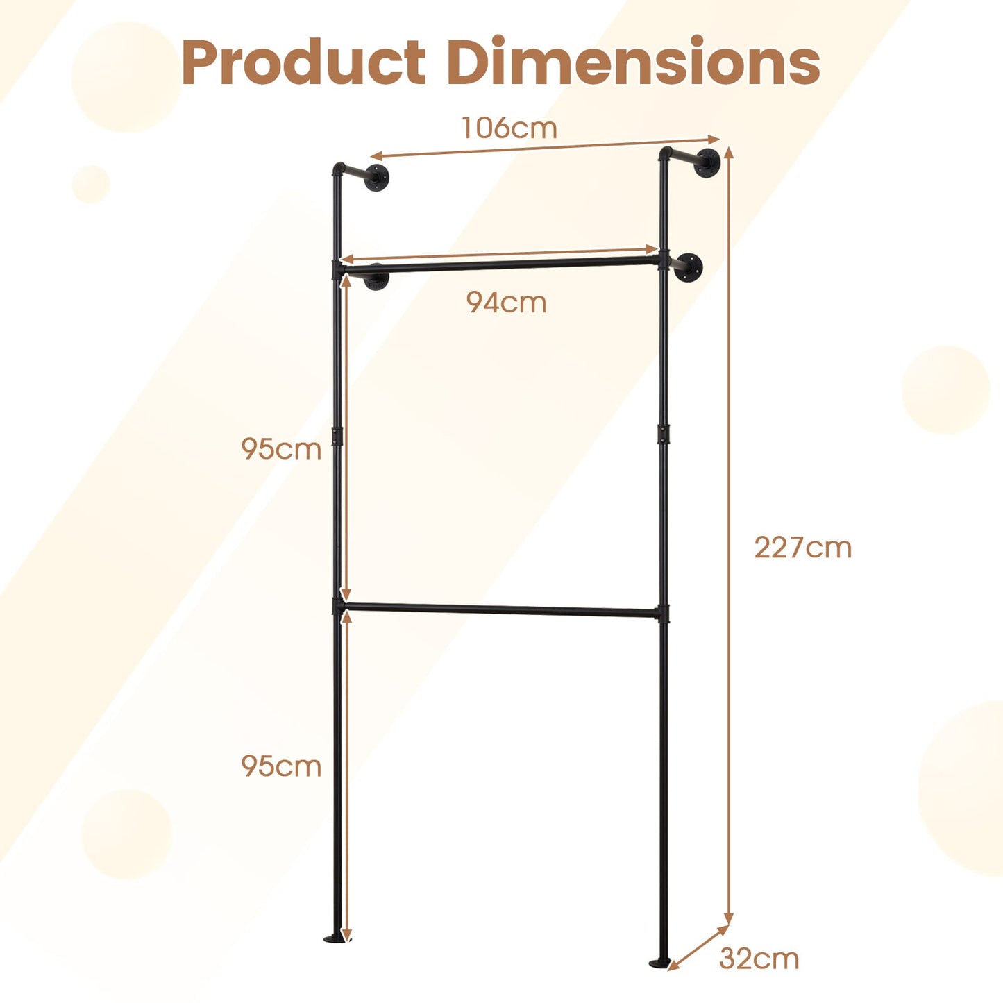 227CM Industrial Pipe Clothing Rack Wall Mounted Heavy-Duty Metal Garment Organizer-Black