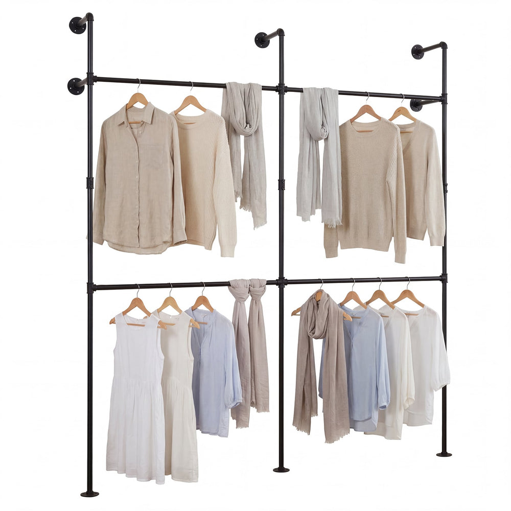 227CM Industrial Pipe Clothing Rack Wall Mounted Metal Garment Organizer-Black