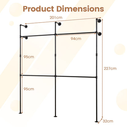 227CM Industrial Pipe Clothing Rack Wall Mounted Metal Garment Organizer-Black