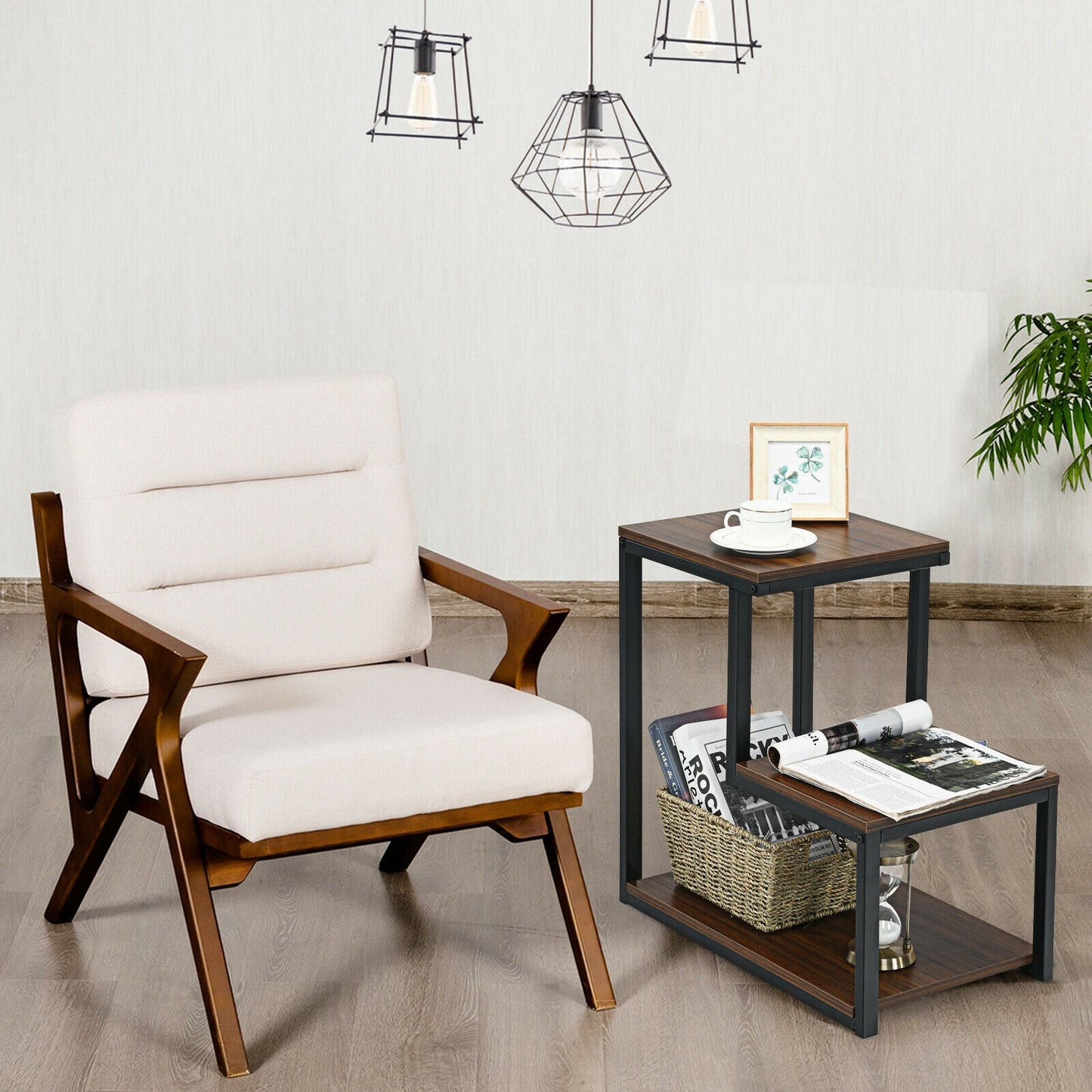 Industrial Styled End Table with 3 Shelves-Brown