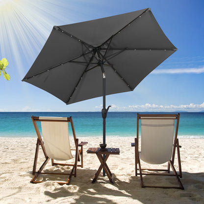 230 cm Solar Powered Patio Umbrella with LED Lights Push Button Tilt and Crank Handle-Grey