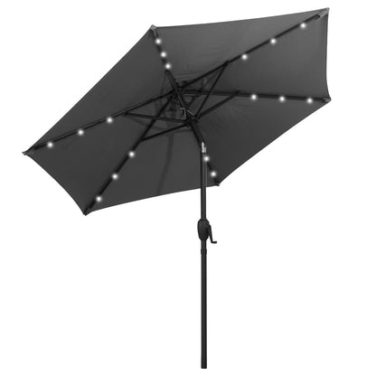 230 cm Solar Powered Patio Umbrella with LED Lights Push Button Tilt and Crank Handle-Grey