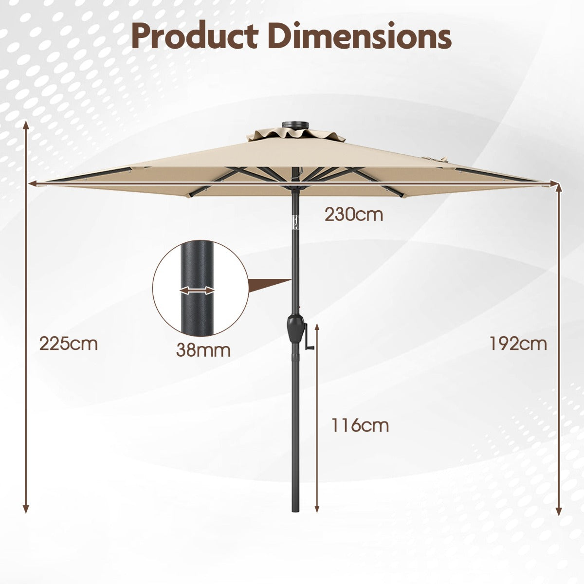 230 cm Solar Powered Patio Umbrella with LED Lights Push Button Tilt and Crank Handle-Beige