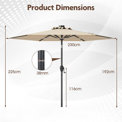 230 cm Solar Powered Patio Umbrella with LED Lights Push Button Tilt and Crank Handle-Beige