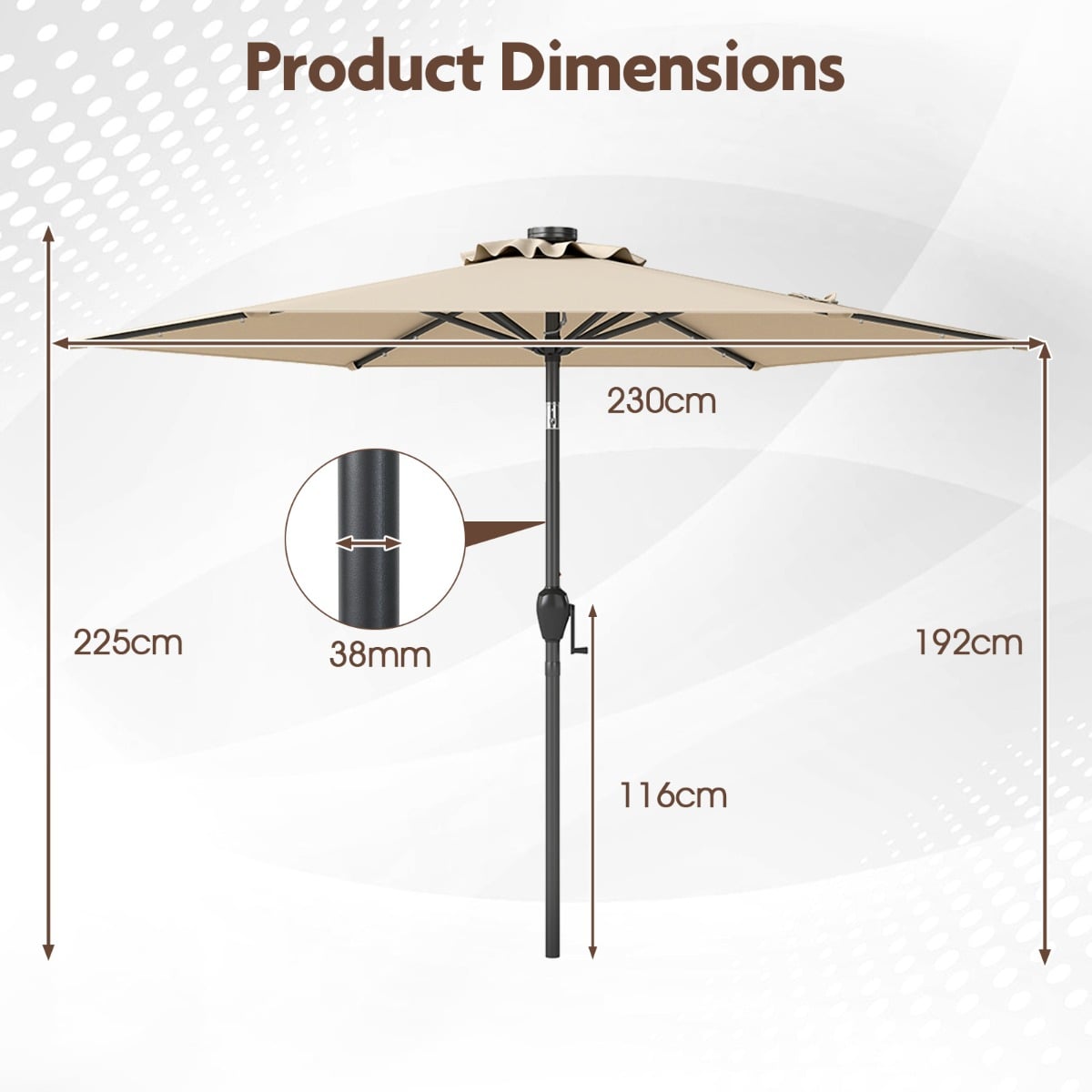 230 cm Solar Powered Patio Umbrella with LED Lights Push Button Tilt and Crank Handle-Beige