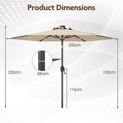 230 cm Solar Powered Patio Umbrella with LED Lights Push Button Tilt and Crank Handle-Beige