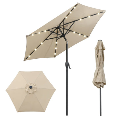 230 cm Solar Powered Patio Umbrella with LED Lights Push Button Tilt and Crank Handle-Beige