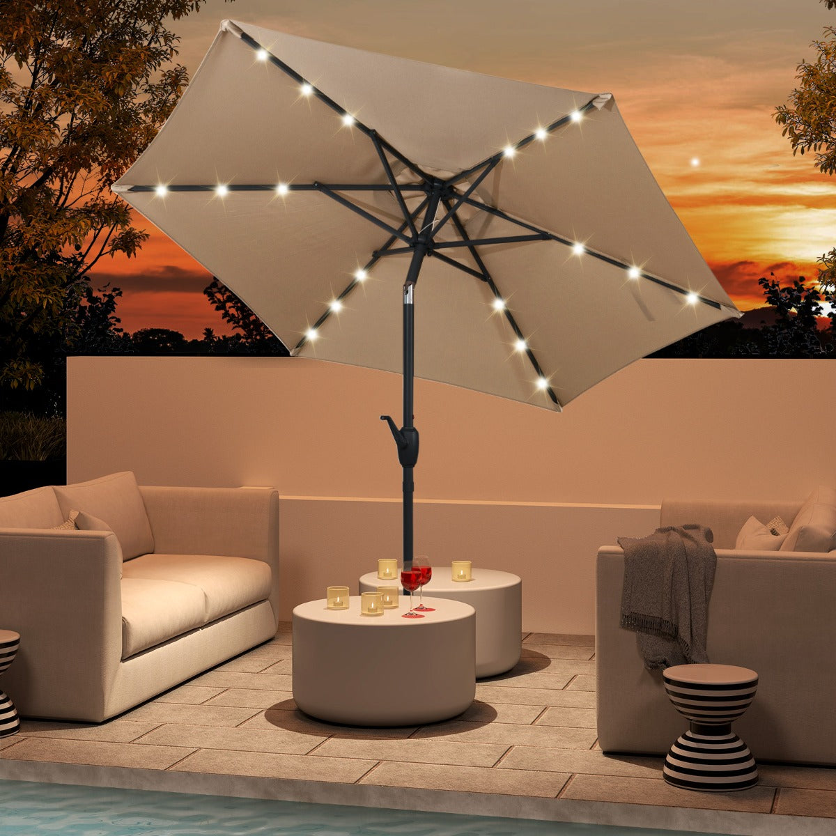 230 cm Solar Powered Patio Umbrella with LED Lights Push Button Tilt and Crank Handle-Beige