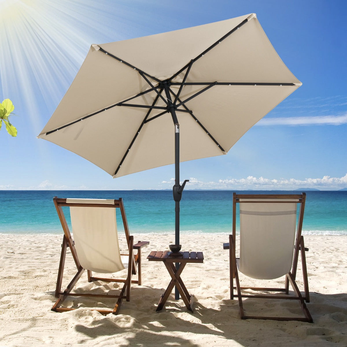 230 cm Solar Powered Patio Umbrella with LED Lights Push Button Tilt and Crank Handle-Beige