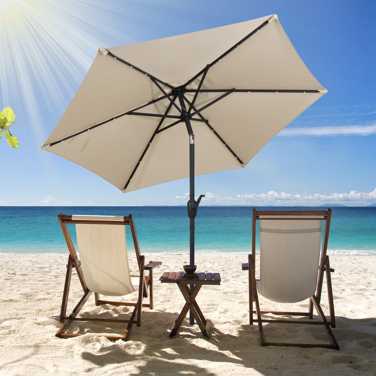 230 cm Solar Powered Patio Umbrella with LED Lights Push Button Tilt and Crank Handle-Beige