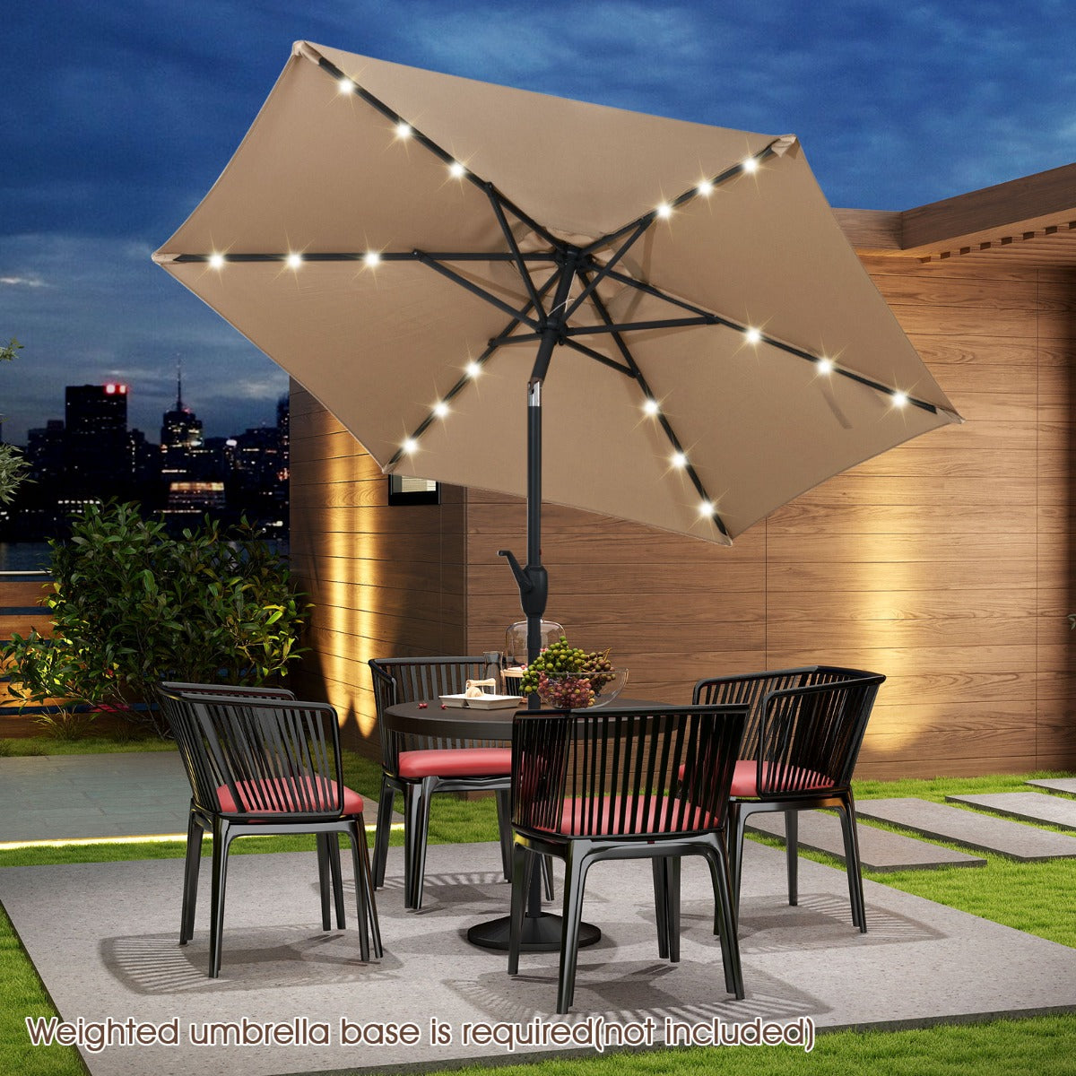 230 cm Solar Powered Patio Umbrella with LED Lights Push Button Tilt and Crank Handle-Beige
