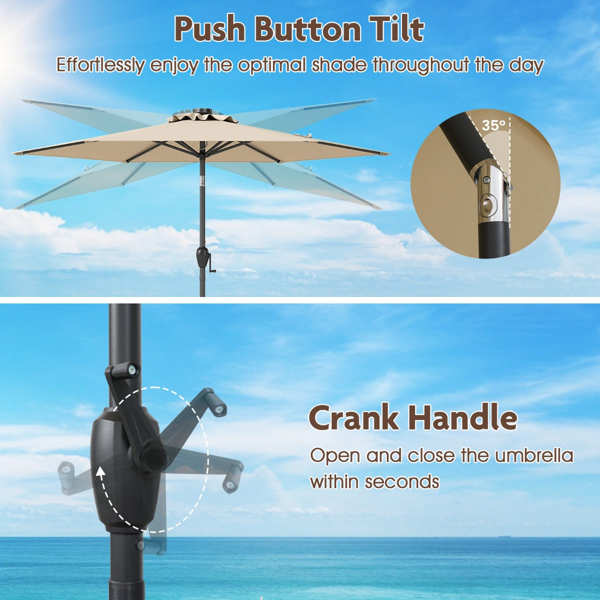 230 cm Solar Powered Patio Umbrella with LED Lights Push Button Tilt and Crank Handle-Beige