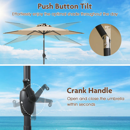 230 cm Solar Powered Patio Umbrella with LED Lights Push Button Tilt and Crank Handle-Beige