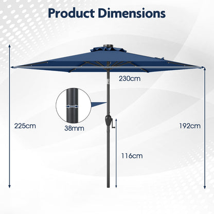 230 cm Solar Powered Patio Umbrella with LED Lights Push Button Tilt and Crank Handle-Navy