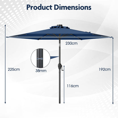 230 cm Solar Powered Patio Umbrella with LED Lights Push Button Tilt and Crank Handle-Navy