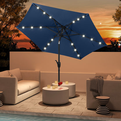230 cm Solar Powered Patio Umbrella with LED Lights Push Button Tilt and Crank Handle-Navy
