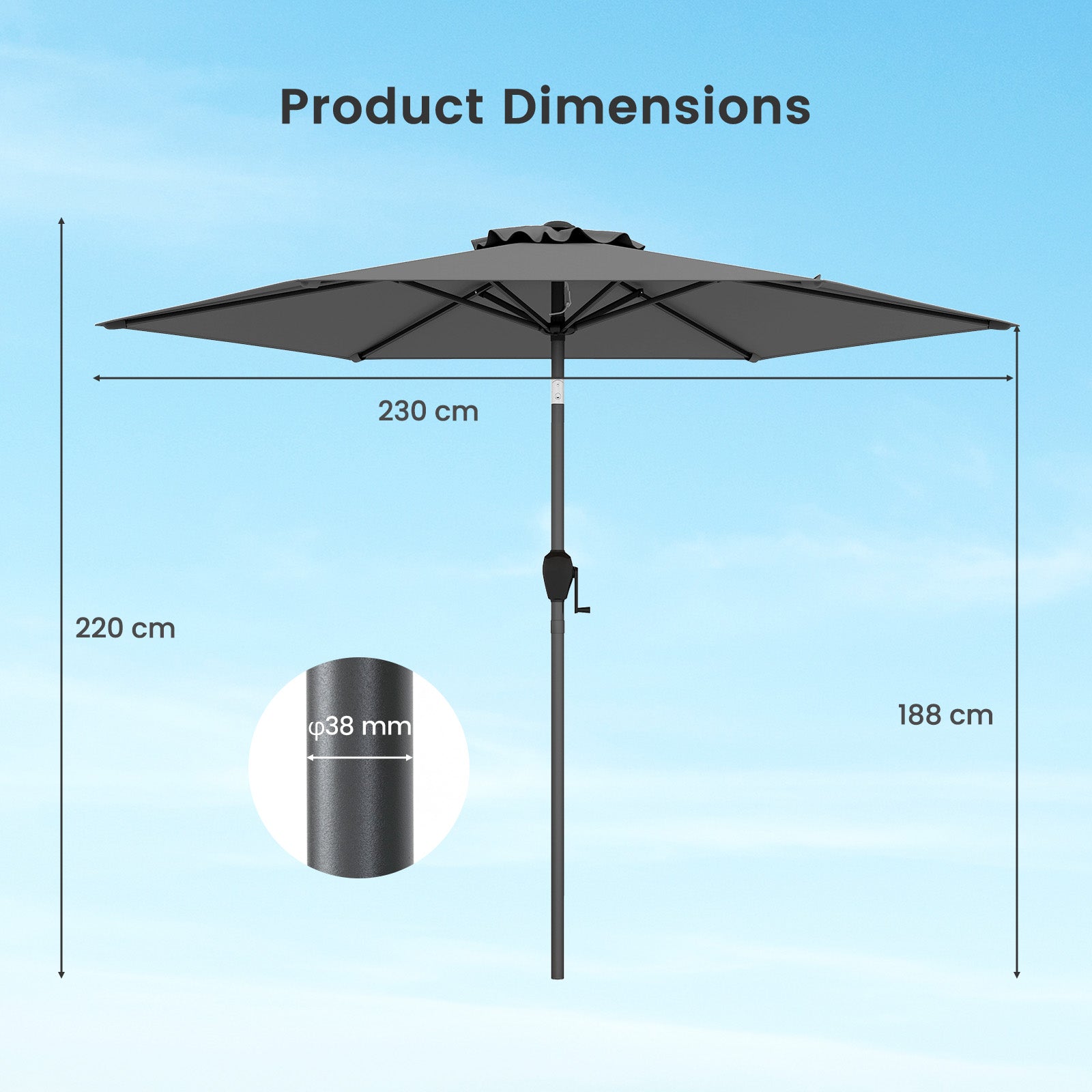 230CM Patio Umbrella with Push Button Tilt and Vented Canopy-Grey