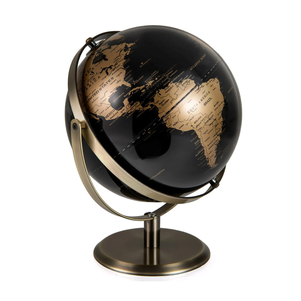 23CM Metallic Black World Globe with Metal Stand-Golden
